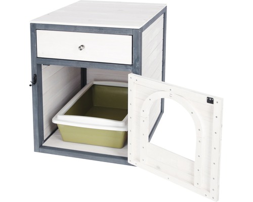 Maison de toilette pour chat en bois avec tiroir et porte ouverte