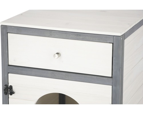 Vue détaillée d''un meuble pour chat en bois avec tiroir et entrée