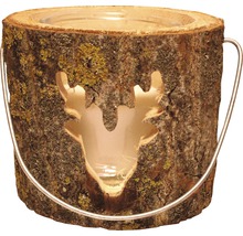 Photophore en bois avec motif de cerf et anse en métal