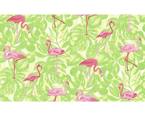 Tapete mit Flamingos und tropischen Blättern
