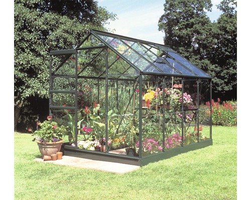 Gewächshaus aus Glas und Metall mit Pflanzen und Blumen im Garten.