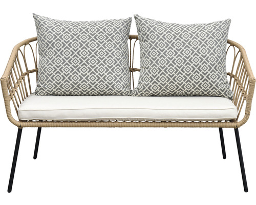 Banc de jardin en rotin avec deux coussins et un coussin d''assise