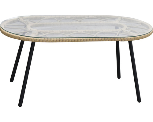 Table ovale avec plateau en verre et cadre en rotin