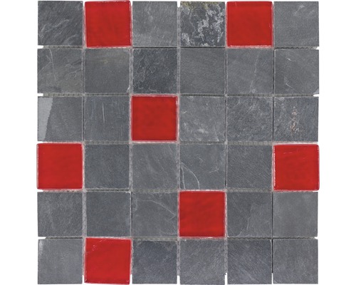 Glasmosaik mit Naturstein schwarz-rot 30x30 cm Mosaikfliese mit Glas- und Steinoptik