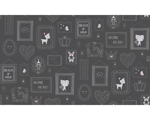 Tapete mit Rahmenmotiven, darunter Tiere, Herzen und Schriftzüge