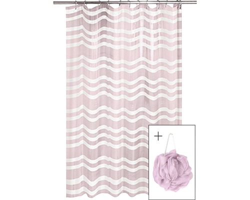 Rideau de douche Lina rose pastel kit en 2 parties avec éponge 180 x 200 cm