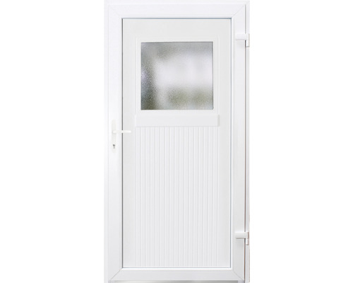 Porte extérieure blanche avec insert en verre et design à rayures verticales