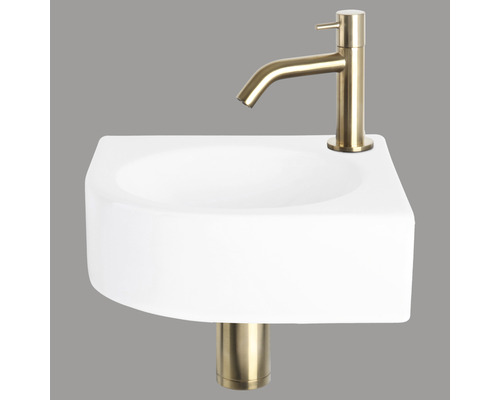 Handwaschbecken - Set inkl. Standventil gold WOLGA Sanitärkeramik emailliert weiss 30x30 cm