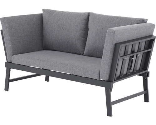 Zweisitzer Gartenlounge mit grauen Kissen auf Metallrahmen