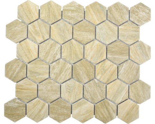 Keramikmosaik HX Curio HB Hexagon 32.5x28.1 cm beige Mosaikfliese mit sechseckiger Form und Holzoptik