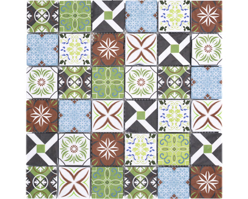 Glasmosaik XCM 8RMC49 30x30 cm weiss/braun/blau Mosaikfliesen mit floralen und geometrischen Mustern