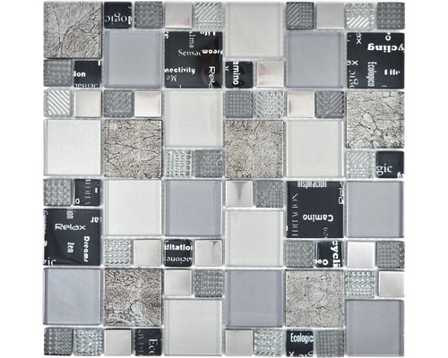 Glasmosaik XCM MC529 29.8x29.8 cm silber/grau/schwarz Mosaikfliese mit Glas-, Stein- und Metallelementen