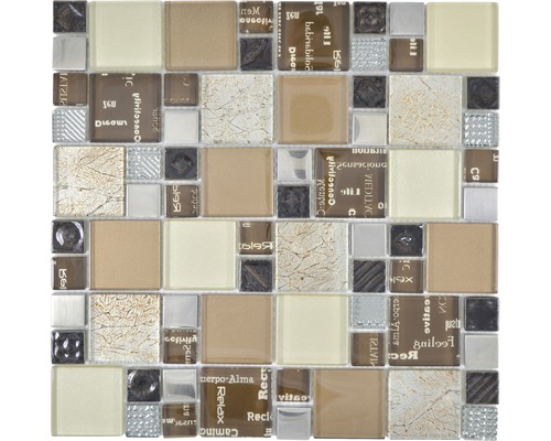Glasmosaik XCM MC539 29.8x29.8 cm silber/beige/braun Mosaikfliese mit Glas- und Steinelementen für Wand und Boden
