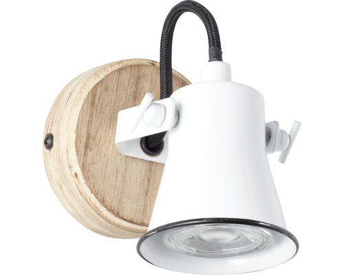 Wandleuchte mit Holzfuss und verstellbarem, weissem Lampenkopf