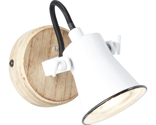 Weisse Wandleuchte mit Holzsockel und schwarzem Kabel