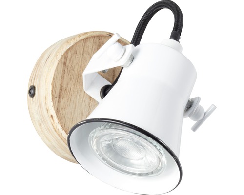 Wandleuchte mit Holzsockel und weissem Lampenschirm