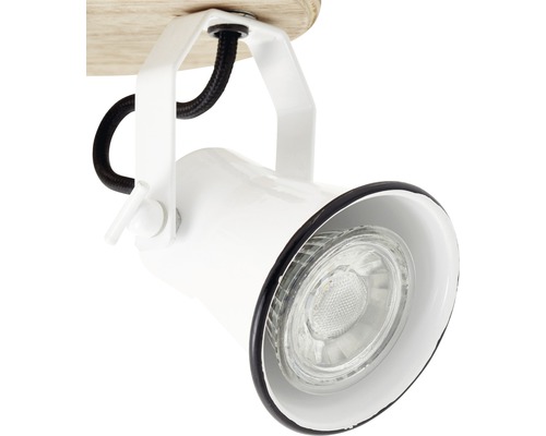 Weisse Deckenleuchte mit Holzsockel und verstellbarem Strahler