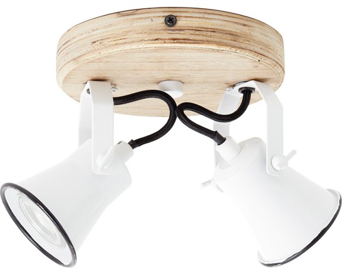 Deckenleuchte mit zwei Strahlern, Holzsockel und weißen Lampenschirmen