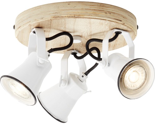 Deckenleuchte mit drei weißen Strahlern und Holzelement