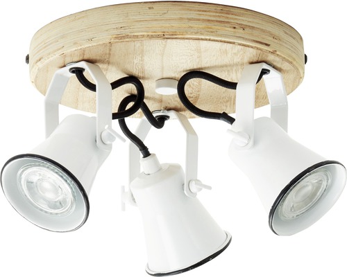 Deckenleuchte mit drei Strahlern und Holzsockel