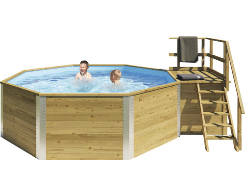 Kit de piscine hors sol en bois Weka 593 B ronde Ø 397x116 cm avec groupe de filtration à sable, skimmer encastré, sable de filtration, tapis intissé de protection du sol et local technique avec escalier en bois et main courante