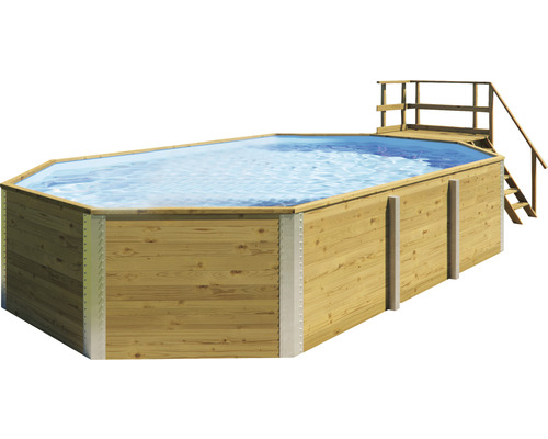 Kit de piscine hors sol en bois Weka 594 rectangulaire 714x376x116 cm avec groupe de filtration à sable, skimmer encastré, sable de filtration, tapis intissé de protection du sol et local technique avec main courante