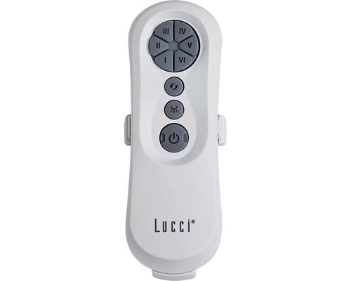 Télécommande Lucci avec six niveaux de vitesse, inverseur de sens de rotation, interrupteur d''éclairage et interrupteur marche/arrêt