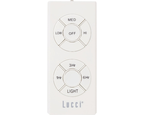 Télécommande de ventilateur de plafond Lucci avec boutons pour basse, moyenne, haute vitesse, arrêt, lumière et minuterie