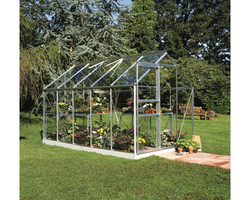 Gewächshaus Halls Popular 106 Sicherheitsglas 3 mm 193 x 319 cm aluminium Gewächshaus mit Pflanzen in einem Garten