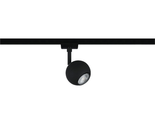 Projecteur sur rail noir avec tête de lampe ronde sur un rail d''alimentation.