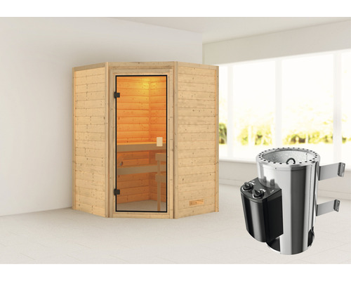 Sauna Woodfeeling Antonia inkl.3,6kW Ofen u.intergr.Steuerung ohne Dachkranz mit bronzierter Ganzglastüre