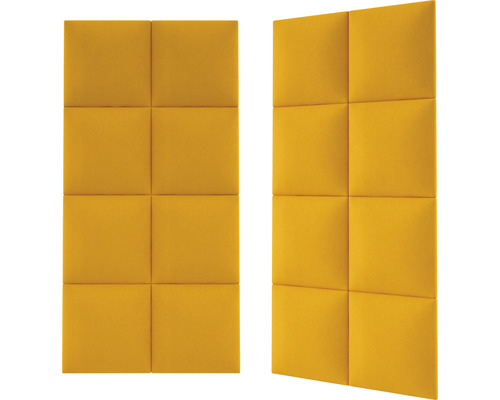 Deux panneaux d''insonorisation jaunes, chacun composé de huit modules carrés