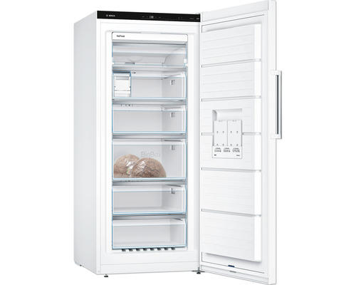 Congélateur Bosch avec porte ouverte et plusieurs compartiments de congélation