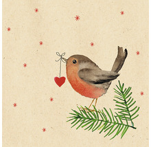 Illustration d''un rouge-gorge sur une branche de sapin avec un cœur dans le bec