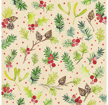 Motif de Noël avec des branches de sapin, du houx, du gui, des pommes de pin et des étoiles rouges