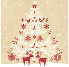 Grafik eines Weihnachtsbaumes mit Stern, Vögeln, Schneeflocken und Rentieren