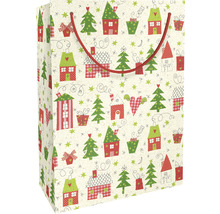 Geschenktüte mit weihnachtlichem Muster aus Häusern, Bäumen und Geschenken