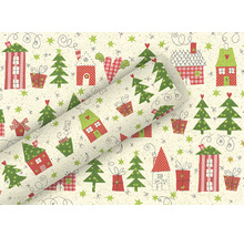 Papier cadeau avec maisons, sapins et cadeaux