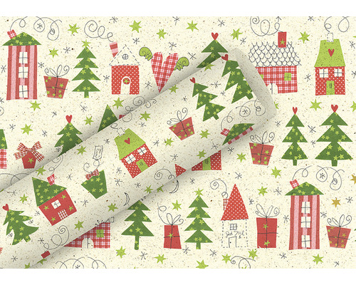 Papier cadeau avec maisons, sapins et cadeaux