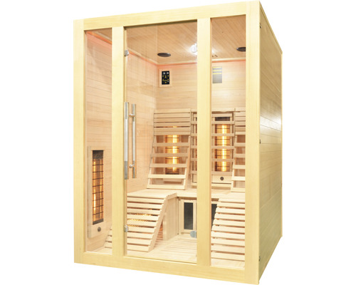 Vue intérieure d''un sauna infrarouge en bois avec façade en verre et bancs