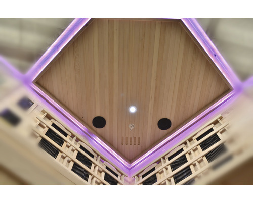 Intérieur d''un sauna avec des lambris et un éclairage