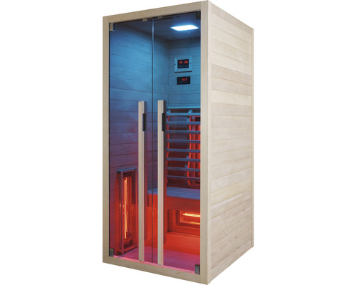 Sauna infrarouge avec porte en verre et revêtement en bois.