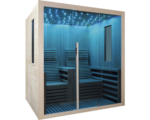 Vue intérieure d''un sauna avec deux chaises longues et un ciel étoilé