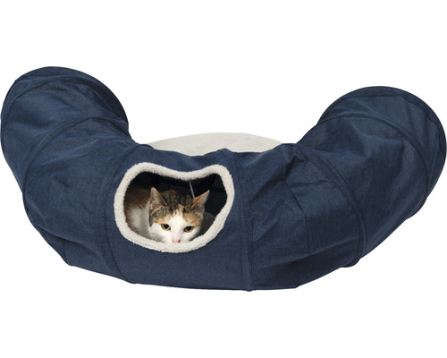 Chat dans un tunnel pour chat bleu avec bordure en peluche