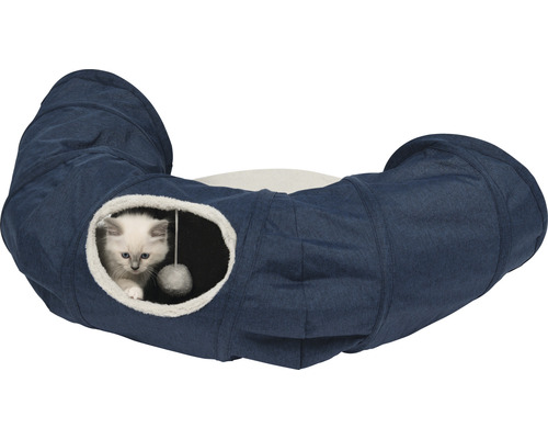 Chat dans un tunnel pour chat bleu avec surface de couchage et balle de jeu