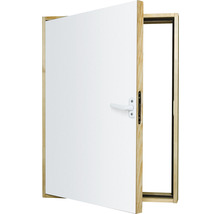 Porte intérieure blanche ouverte avec cadre de porte en bois