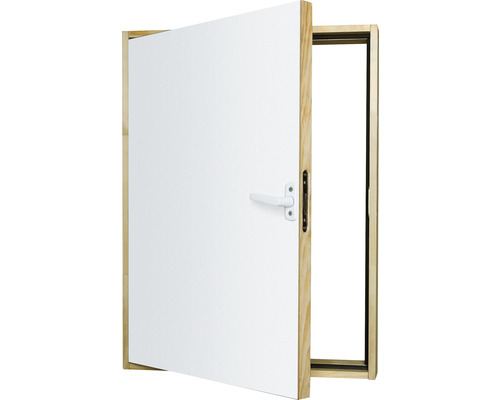 Porte intérieure blanche ouverte avec cadre de porte en bois