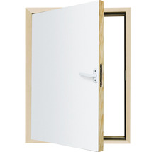 Porte intérieure blanche ouverte avec cadre en bois