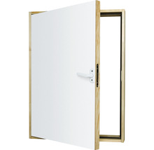 Porte intérieure ouverte avec cadre en bois et vantail blanc