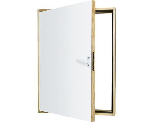 Porte intérieure ouverte avec cadre en bois et vantail blanc